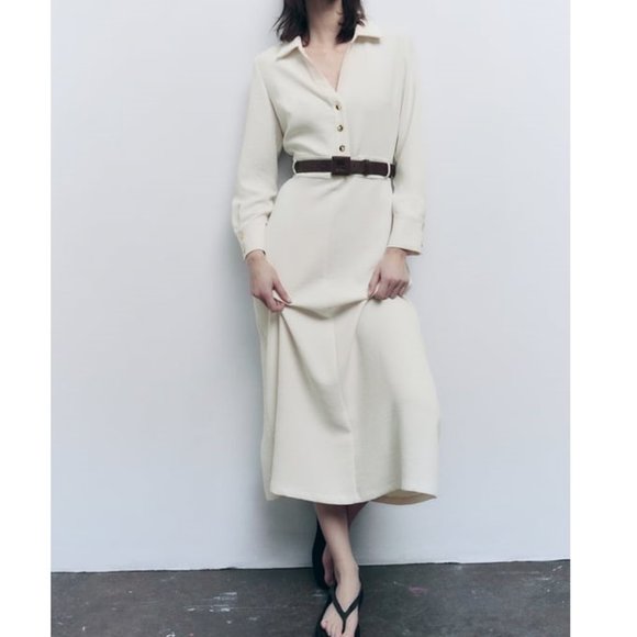 Zara Dresses & Skirts - Zara Women's Ecru Belted Waist Midi Dress Size XS